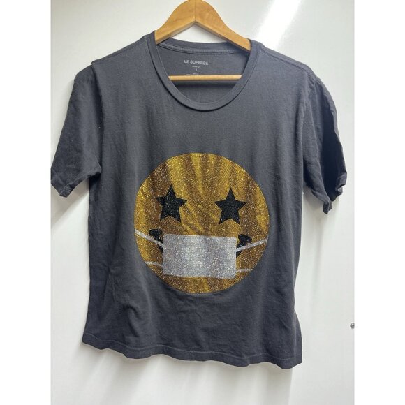 Le Superbe Small Keep Smiling Rhinestone Sequin Mask Graphic Tee Bling Grey - Picture 6 of 10